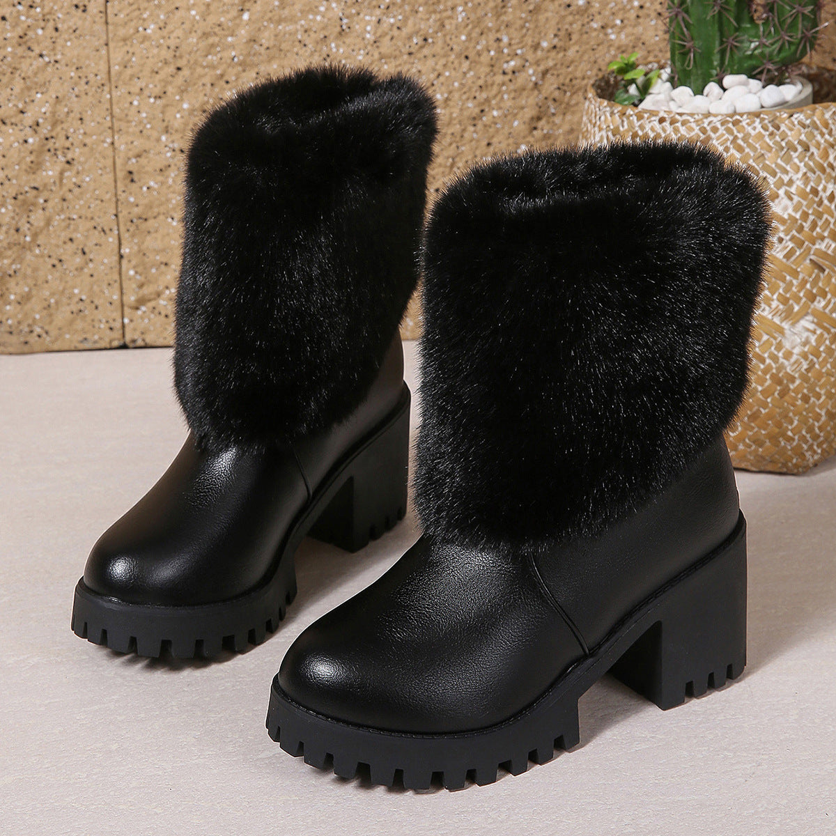Fashion Winter Snow Boots Women's High Heel Short Boots with Thick Fleece Lining Warm Cotton Boots with Thick Chunky Heel Slip-Resistant Women's Boots