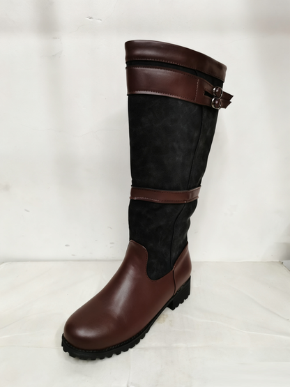 Coarse heel square heel color blocked belt buckle sleeve high top knight boots