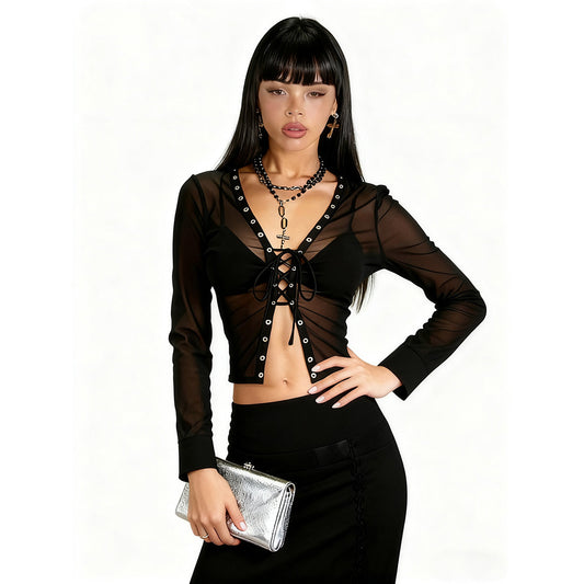 Exposed navel perspective strap mesh cardigan top for women