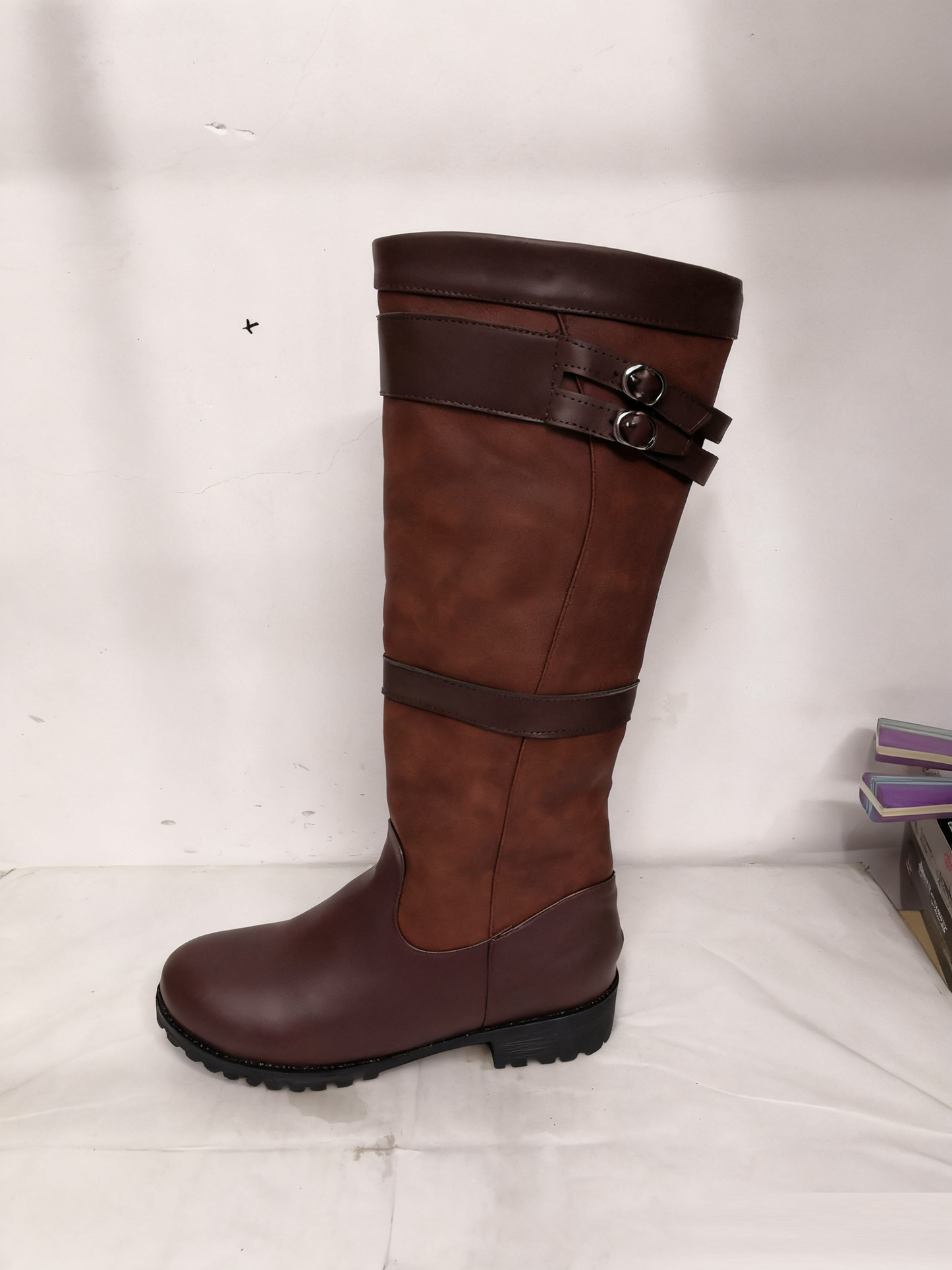 Coarse heel square heel color blocked belt buckle sleeve high top knight boots