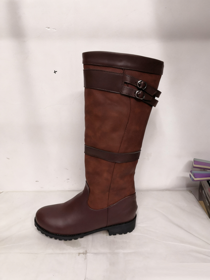 Coarse heel square heel color blocked belt buckle sleeve high top knight boots