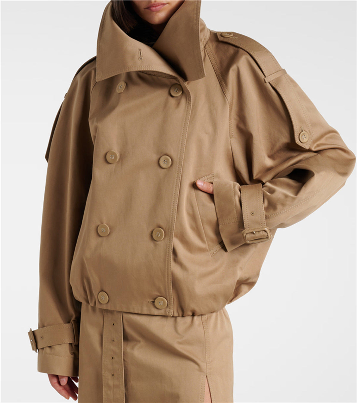 Collar long sleeved short double breasted trench coat style workwear jacket for women