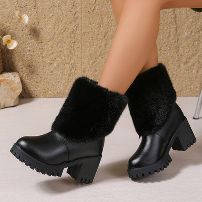 Fashion Winter Snow Boots Women's High Heel Short Boots with Thick Fleece Lining Warm Cotton Boots with Thick Chunky Heel Slip-Resistant Women's Boots