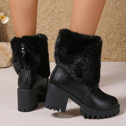 Fashion Winter Snow Boots Women's High Heel Short Boots with Thick Fleece Lining Warm Cotton Boots with Thick Chunky Heel Slip-Resistant Women's Boots