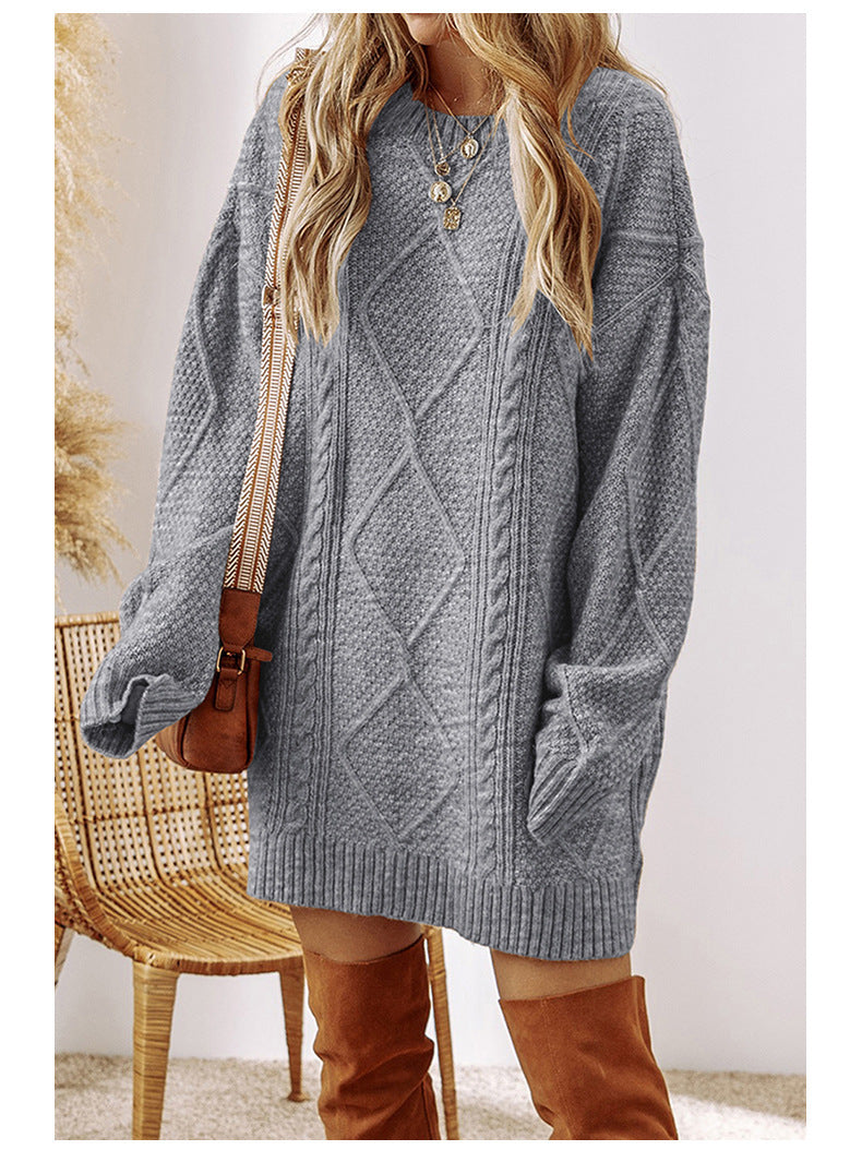 Laziness Casual Style Knit Dress with Herringbone Texture Knee-Length Skirt European and American Fashion Cross-border Trendy Dress
