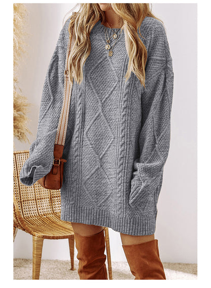 Laziness Casual Style Knit Dress with Herringbone Texture Knee-Length Skirt European and American Fashion Cross-border Trendy Dress