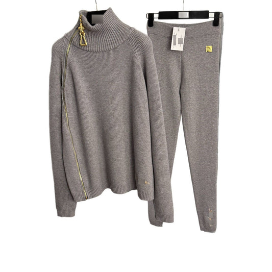 Set metal long sleeved knitted cardigan sweater+embroidered letter leggings long pants