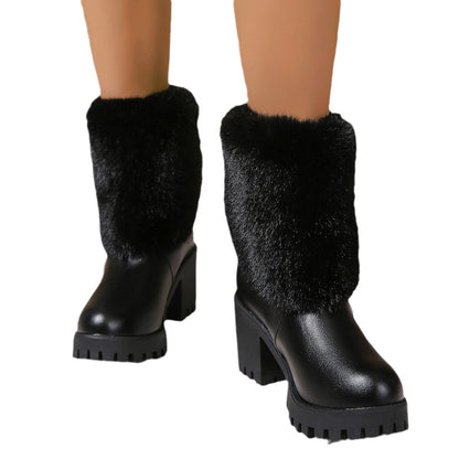Fashion Winter Snow Boots Women's High Heel Short Boots with Thick Fleece Lining Warm Cotton Boots with Thick Chunky Heel Slip-Resistant Women's Boots